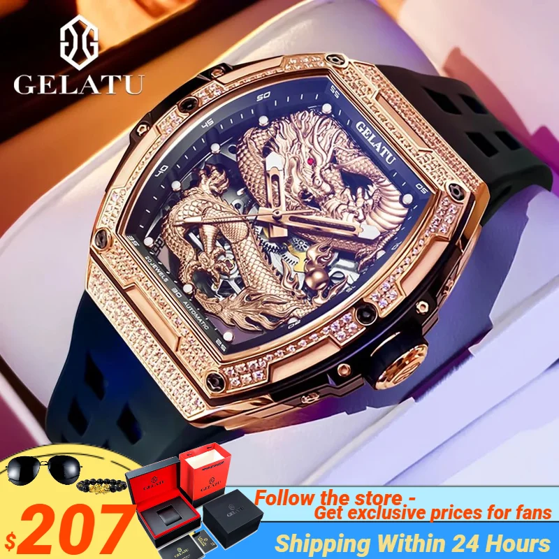 GELATU 6021 Full Diamond Watch Men Deep Waterproof 3D Skeleton Dragon Dial TOP Brand Automatic Mechanical Watch for Man NEW