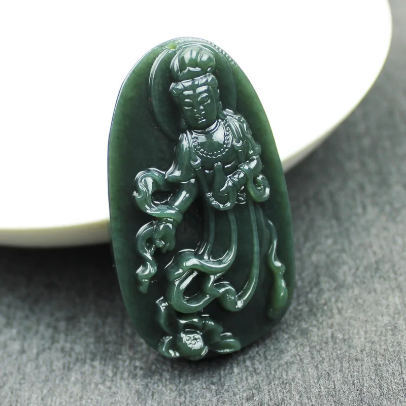 Natural Hetian Men, Green Guanyin Jade Bodhisattva Pendant