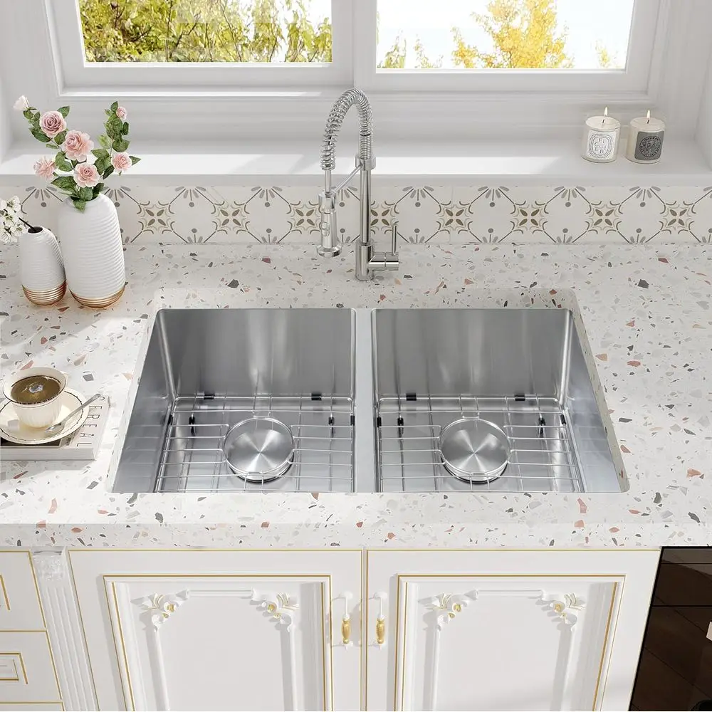 

30 Inch Double Bowl Kitchen Sink Undermount,16-GaugeT304 Stainless Steel Kitchen Sink,50/50 Undermount Double Sinks with Accesso