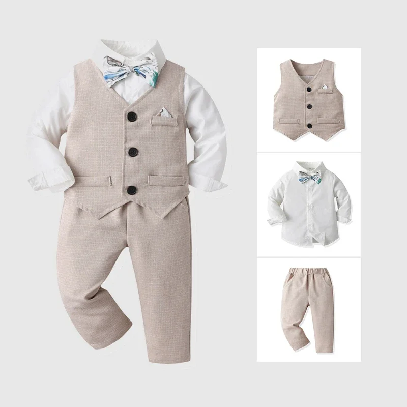 

2024Children's Suit Kid Costume British One-Year-Old Host Piano Performance Clothing Boys Long Sleeve Shirt Vest Three-Piece Set