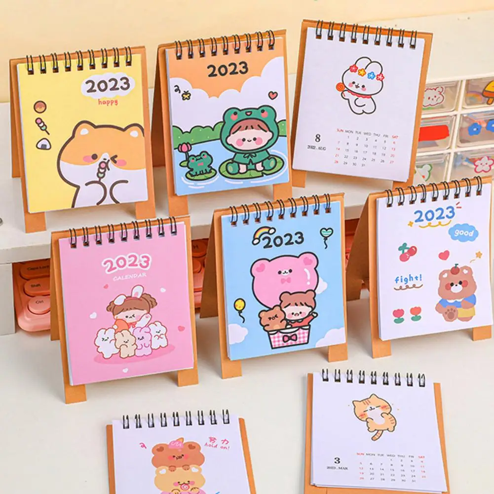 Mini calendario con patrón de dibujos animados, triángulos de giro de página suaves, horario Flexible, no es fácil de romper, 2022-2023, Mini Calendario de escritorio