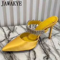 Lato luksusowe jedwabne buty na wysokim obcasie buty z kryształkami damskie kapcie Pointy Toe Runway muły bankietowe buty ze strasami dla kobiet