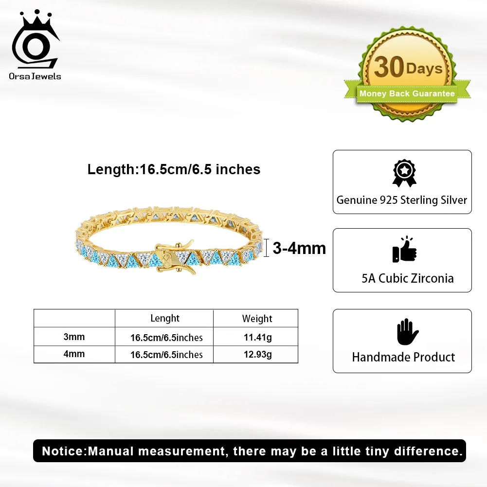 ORSA جواهر 3 مللي متر 4 مللي متر الأصلي الأزرق والأبيض الزركون أساور التنس لامعة 8A تشيكوسلوفاكيا الماس 925 الشظية سوار هدية حفلة SB207