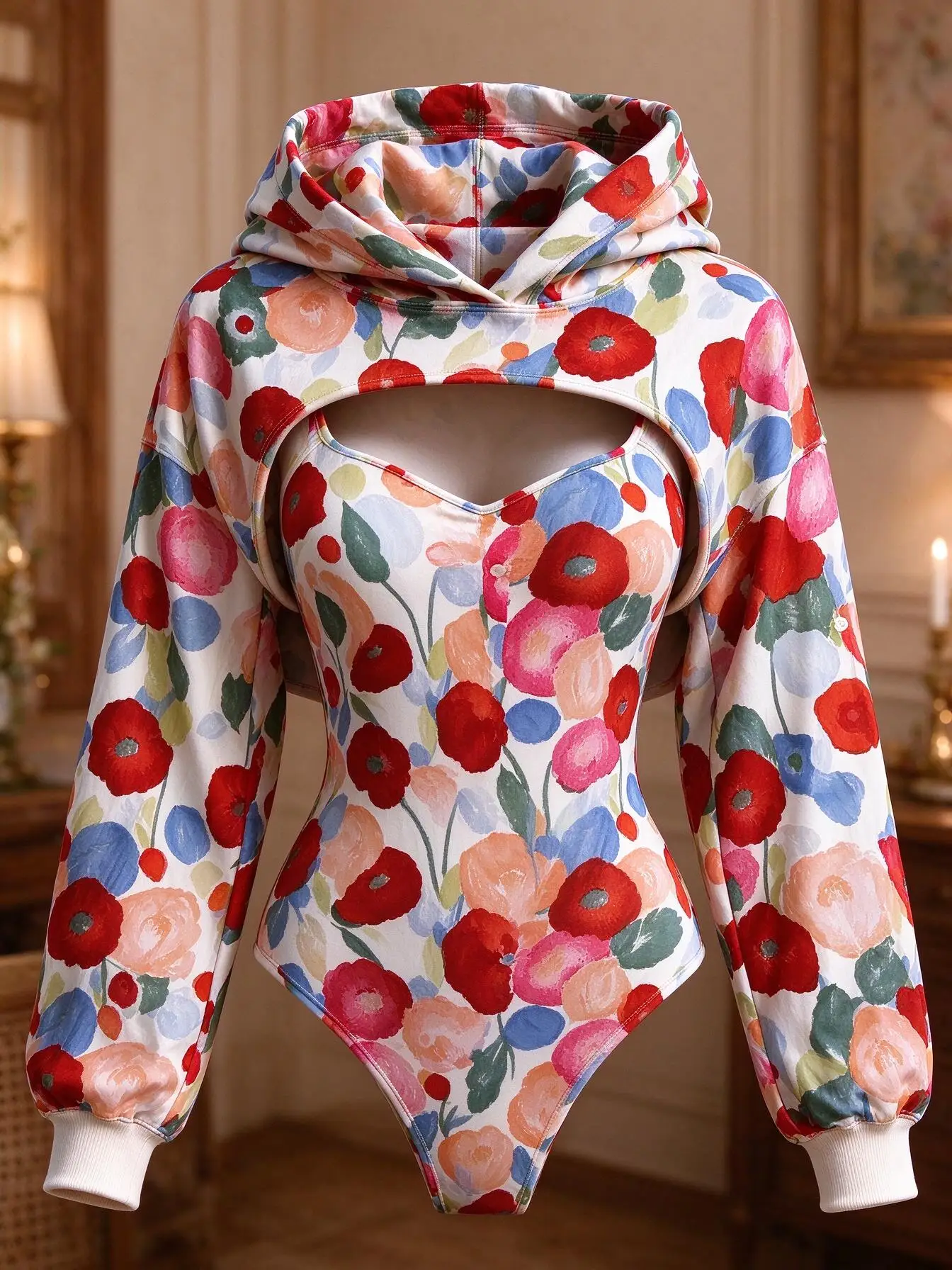Women Watercolor Colorful Floral Print Double Hood Bodysuit Hollow Out Long Sleeve Hoodie