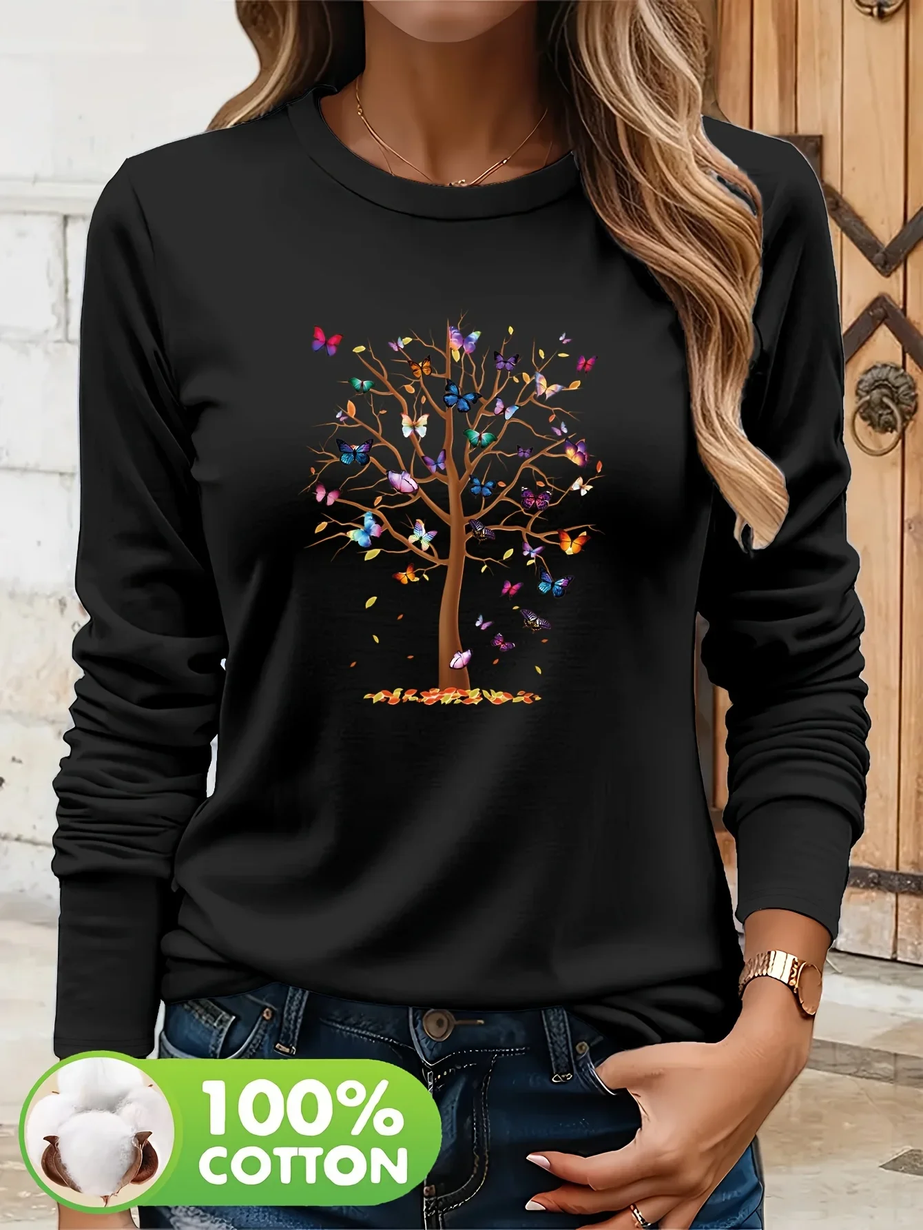 Modisches Damen-T-Shirt aus 100 % Baumwolle, langärmelig, mit farbenfrohem Schmetterlings- und Baumdruck, ideal für Herbst und Winter, lässige Freizeitkleidung, T-Shirt, Oberteil. – Detail 3
