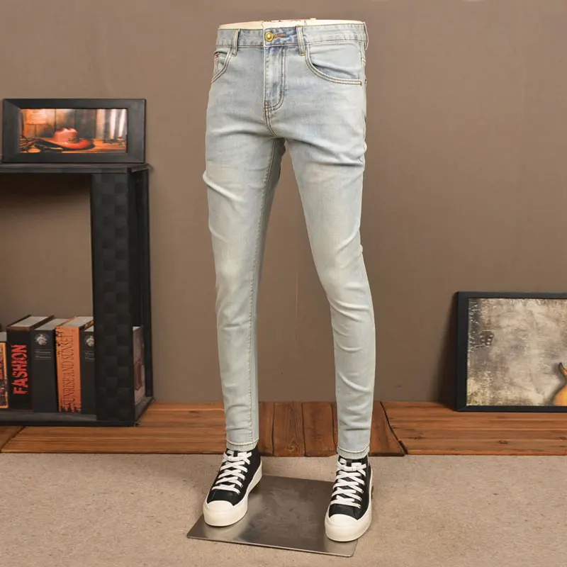 

High Street Fashion Men's Light Blue Jeans Retro Stretch Tight Jeans Men's Retro Designer Casual Denim Pencil Pants