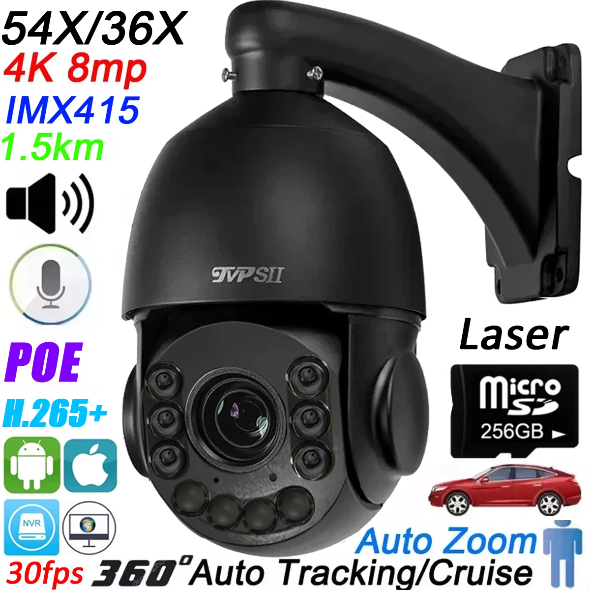 Black Auto Tracking 30fps 8MP 4K IMX415 H.265+ 54X Optical Zoom 360° Audio Outdoor ONVIF POE PTZ Speed Dome Surveillance Camera