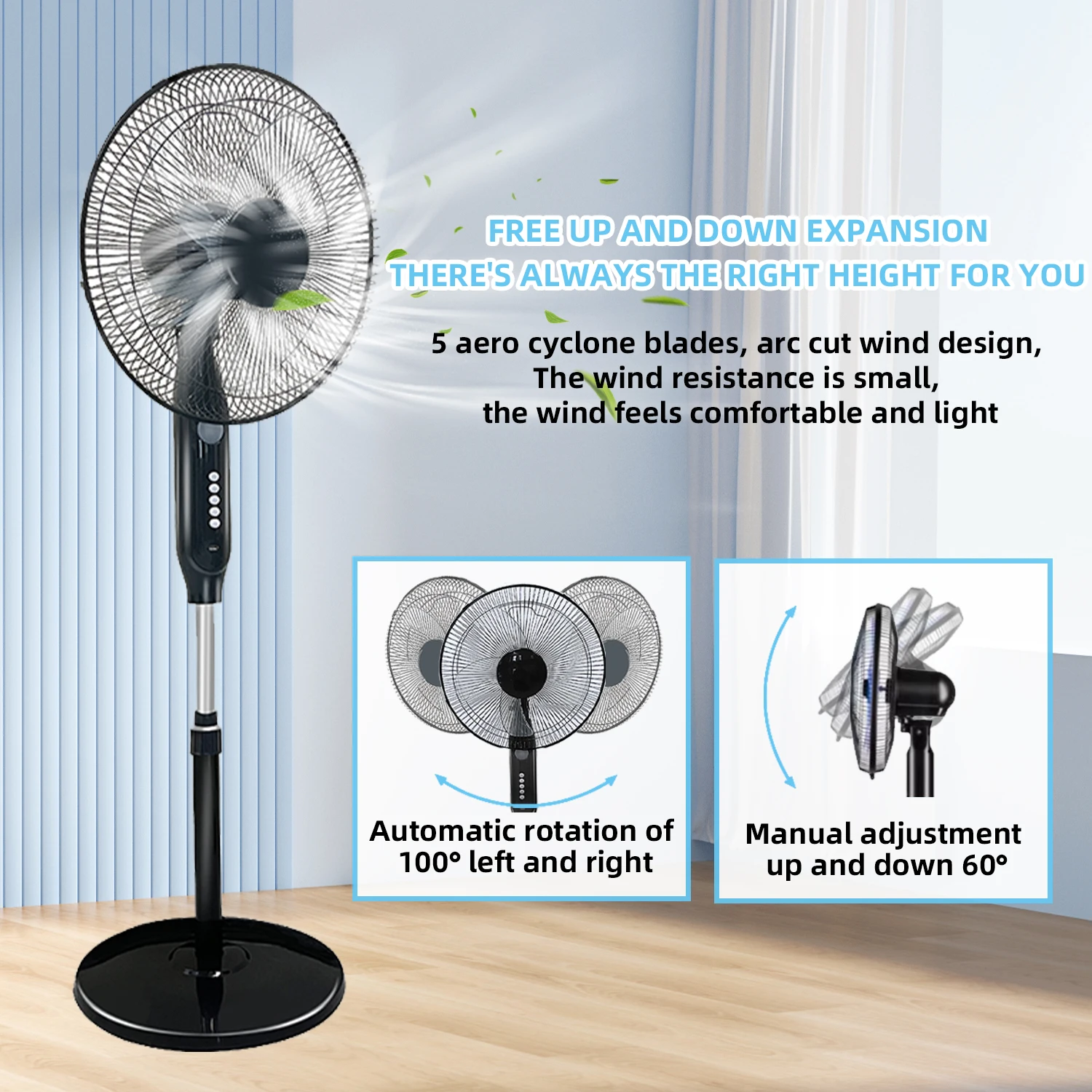 Rechargeable standing fan floor fan with LED night light Built-in lithium battery DC Charging fan for indoor/outdoor