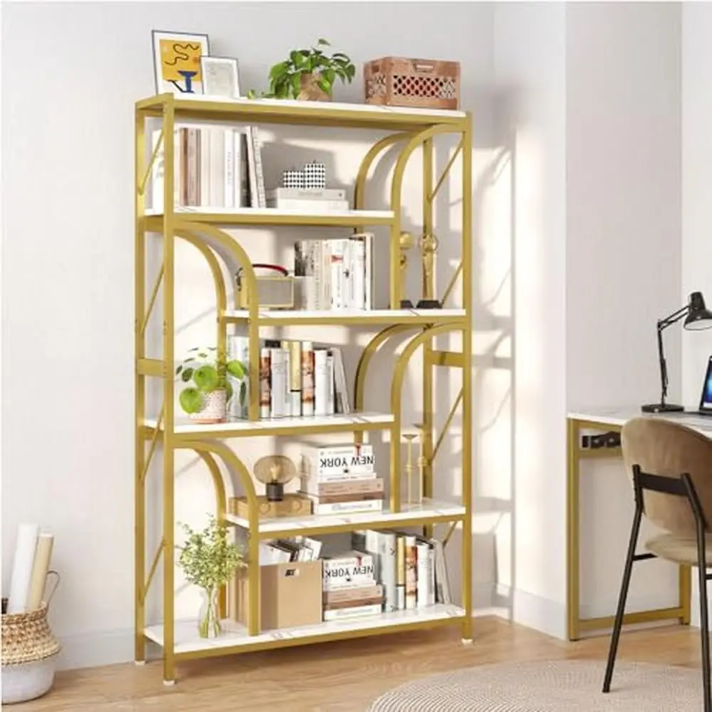 6 Tier Modern Gold Faux Marble Bookshelf Storage Living Bedroom Library Dining Room Stable Durable Wood Frame Display Shelves