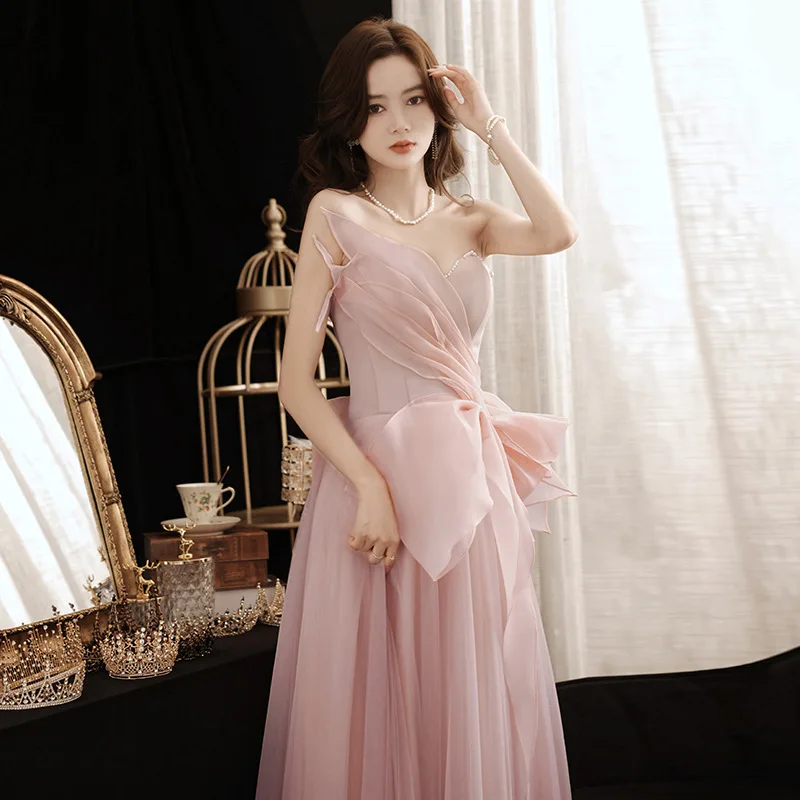 Women's Pink Fairy Evening Dress Chic Breasted Wedding Guest Gowns Birthday Party Vocal Art Show Dresses