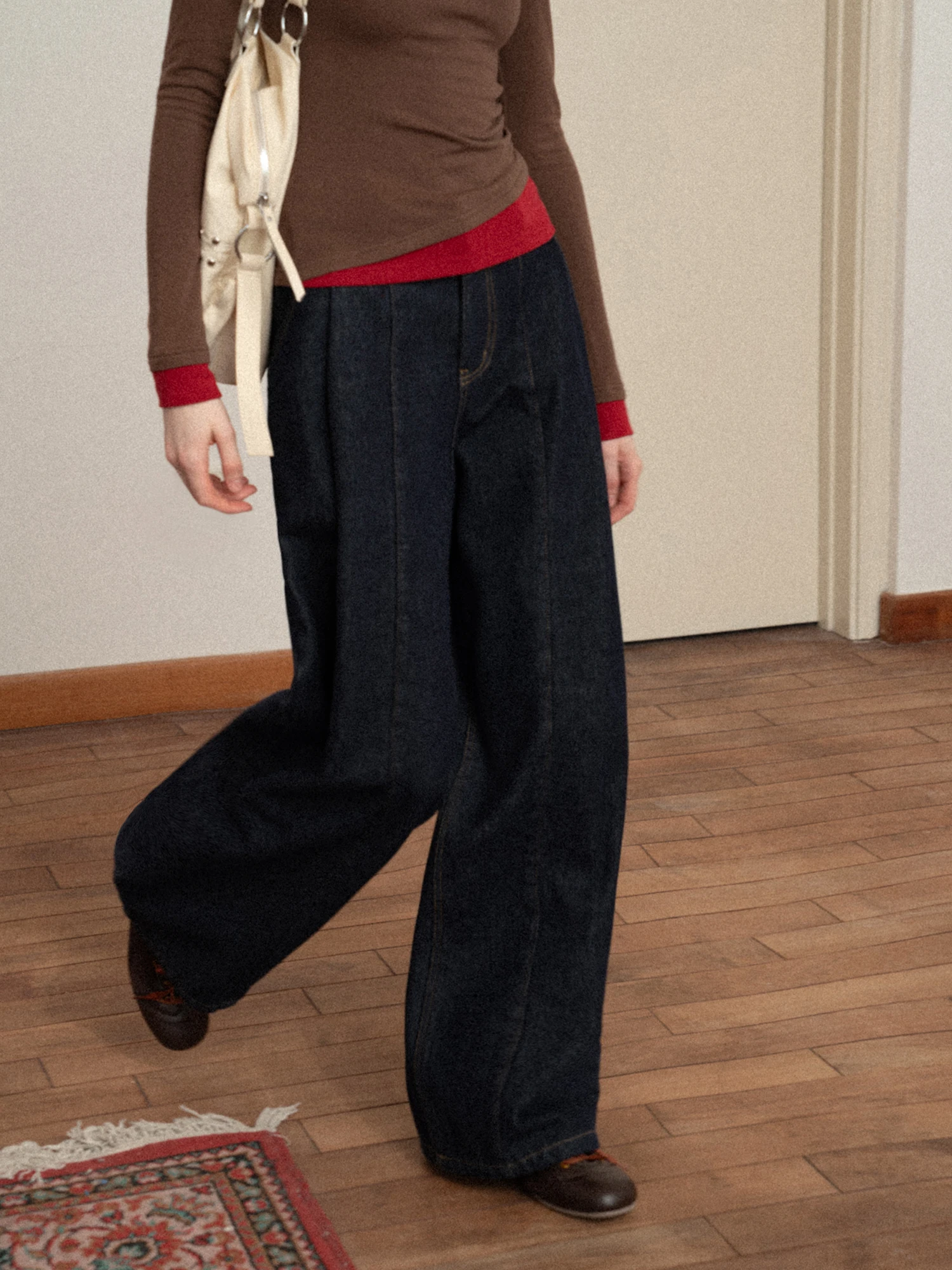 

Warm Fleece Wide Leg Jeans Women High Waist Straight Loose Casual Pants EGGKA Design Cotton Polyester Blend Autumn Winter