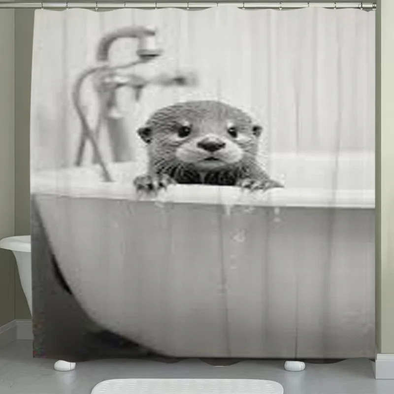 

cute otter in bathtub shower curtain black and white photo print for bathroom decor home Can be used as a partition Quick Setup