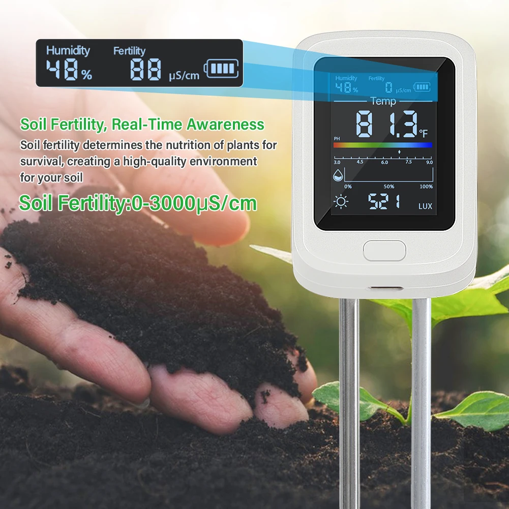 Soil Tester 6 in 1 pH Moisture Meter for Plants Garden Fertility & Light Sensor Digital Soil Analyzer with Type-C Rechargeable - Image 5