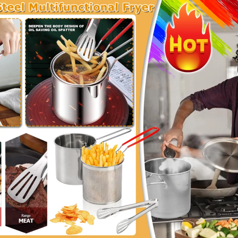 304 Stainless Steel Deep Frying Pot Tempura French Fries Fryer with Strainer Chicken Fried Pans Kitchen Cooking Tools Filtration