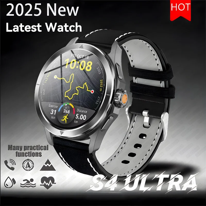 2025 For Android S4 Ultra SmartWatch Men AMOLED Outdoor Sports NFC GPS Compass Heart rate Waterproof Bluetooth Call Smart bracel