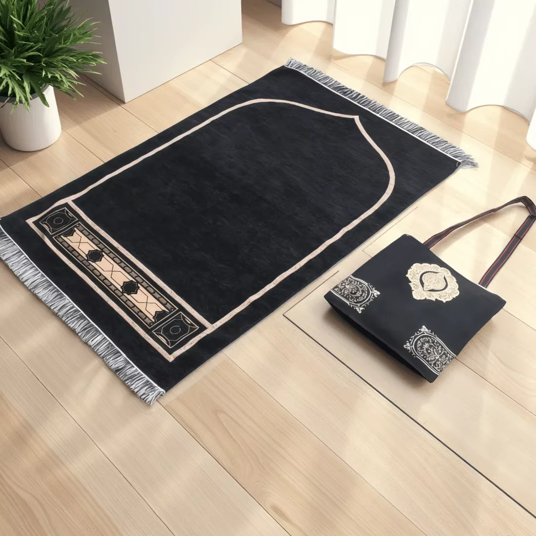 3pcs/1set Black Islamic Prayer Rug Elegant Bag Prayer Beads Janamaz Sajjadah Turkish Prayer Rug Ramadan Eid Gift Muslim Mat