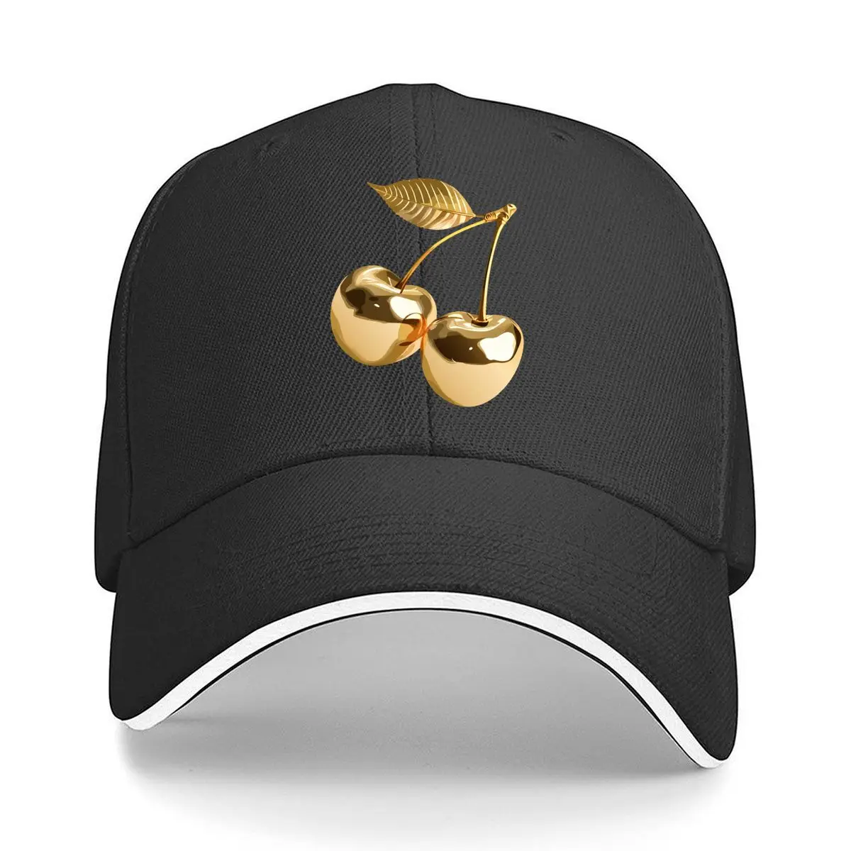 Golden Cherry Pair Metallic Leaf Aesthetic Illustration Sandwich Baseball Cap Outdoor Workouts Sun Hat