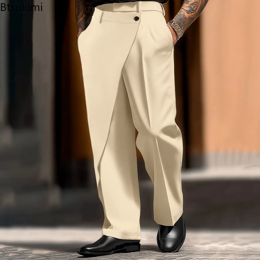 2025 hommes élégant taille irrégulière pantalon été nouveau décontracté couleur unie plissé pantalon droit mâle Streetwear mode pantalon