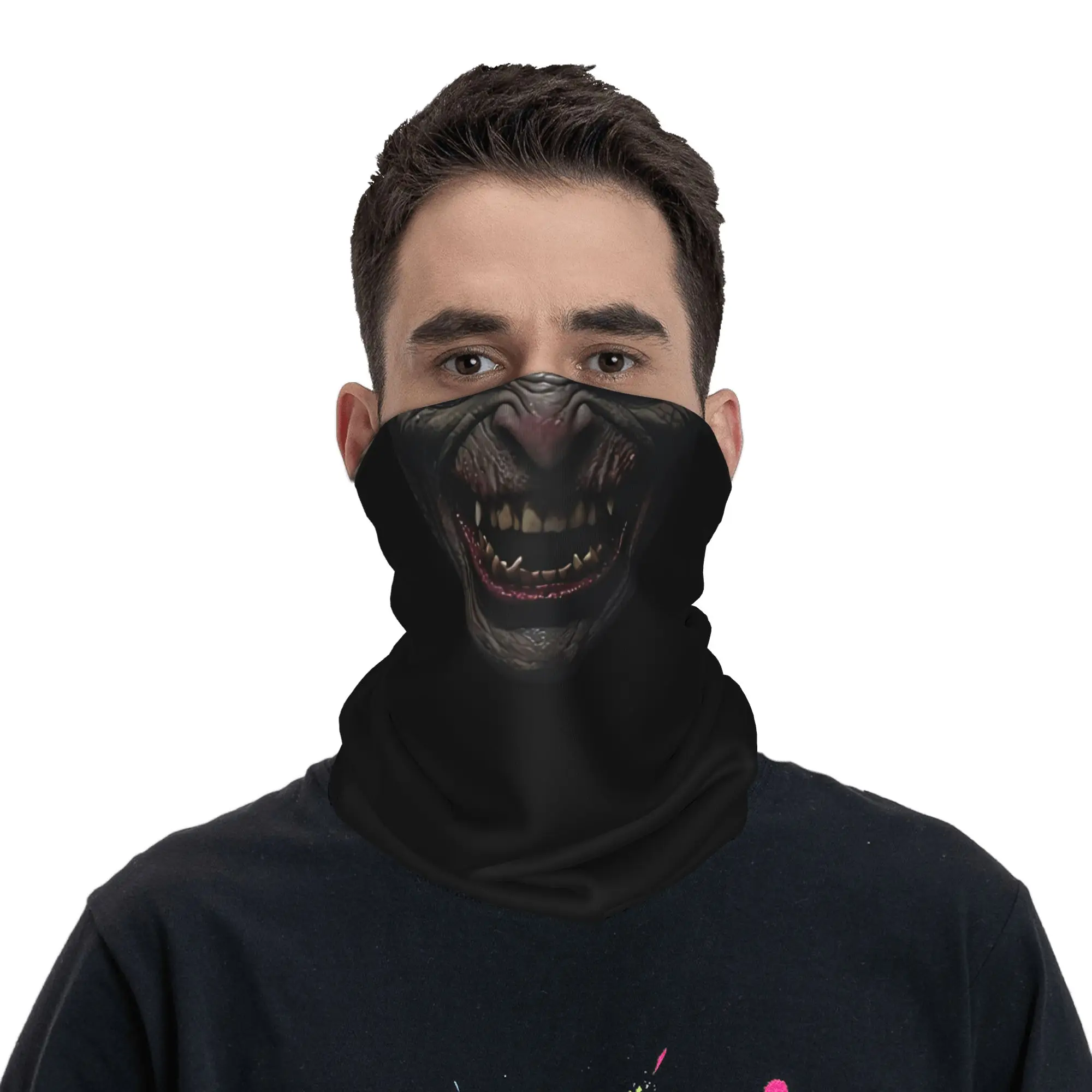 Gargoyle Face With Yellow Eyes And Sharp Teeth Bandana Neck Gaiter Windproof Face Scarf Cover Women Men  Headband Tube Balaclava