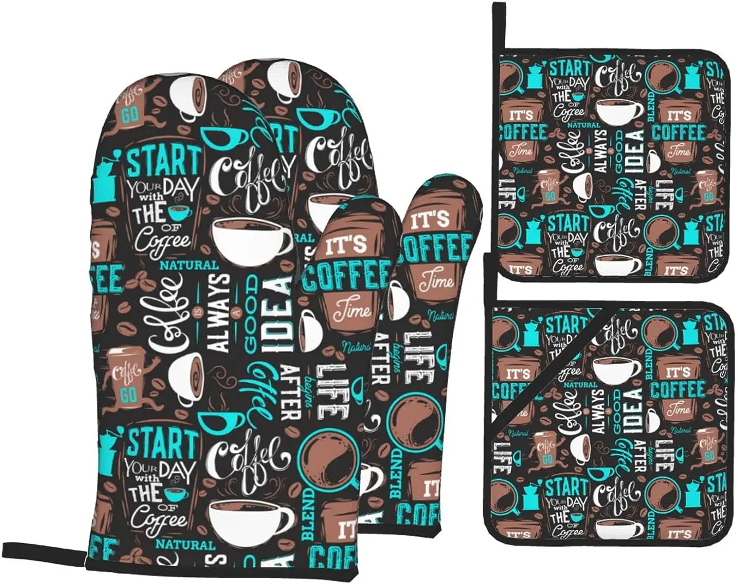 

Coffee Elements Oven Mitts and Pot Holders Sets of 4 Retro Coffee Oven Gloves Set Coffee Kitchen Mitts Heat Resistant Potholders