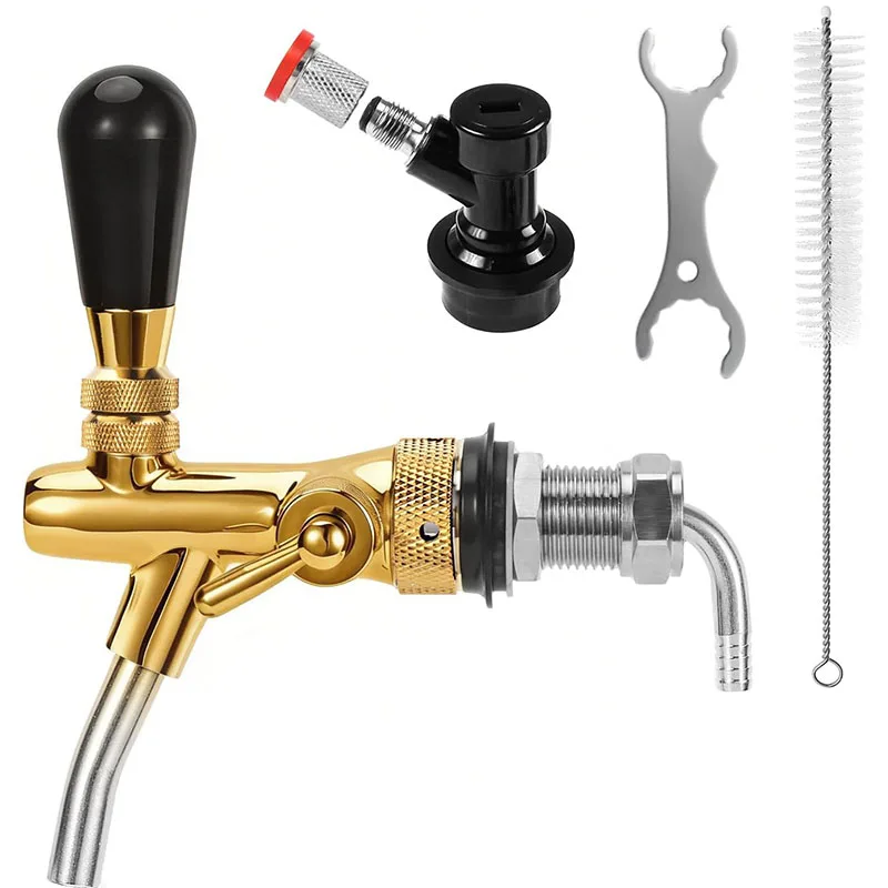 Golden Beer Tap,Adjustable Brew Faucet with Liquid Ball Lock Disconnect Connector,Kegerator Tap Dispenser withFlow Control Valve view 2