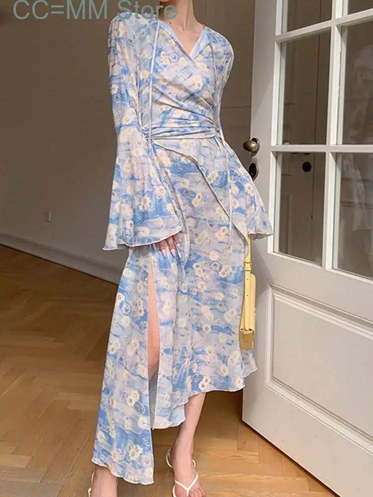 

New Floral Dress for Women Fairycore Loose Flare Sleeve Sexy Dress Elegant Lace-up Hollow Out V Neck Midi Dress