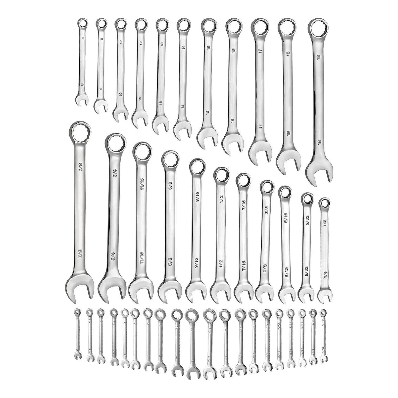 Combination Wrench Set, 42-Piece SAE and Metric, 12-Point Box End 15° Angled Open with Roll Up Pouch, Carbon Steel, for General