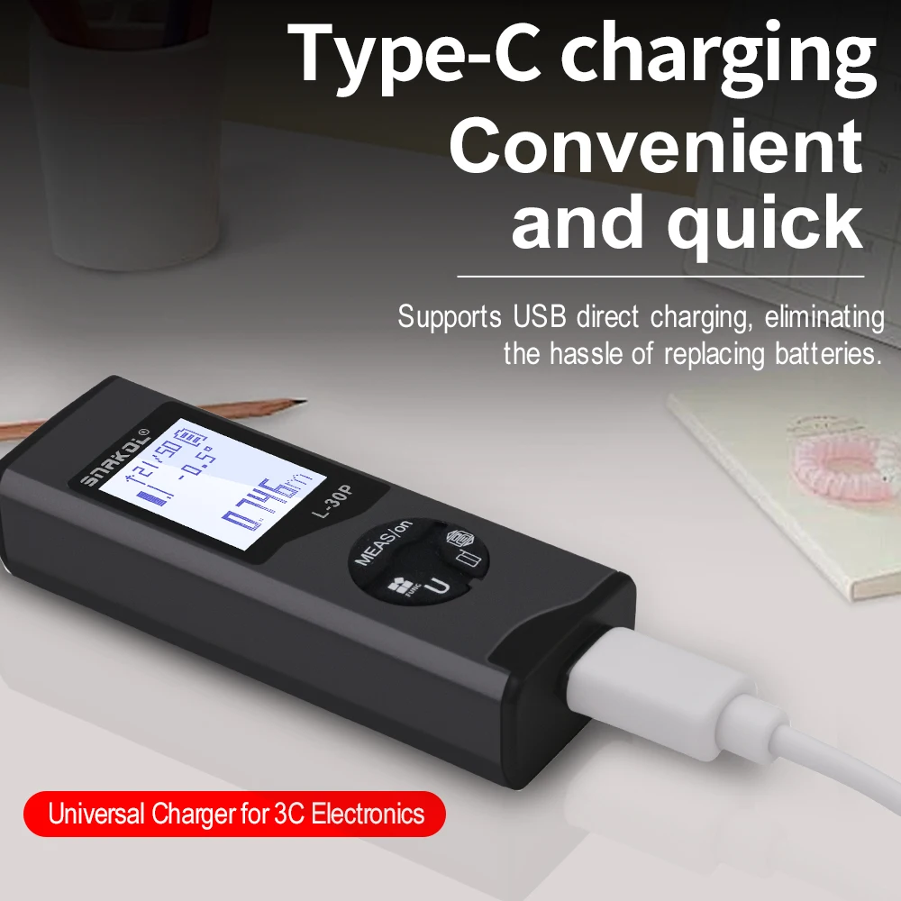 Лазерный дальномер, корпус из алюминиевого сплава, зарядка через USB, несколько режимов измерения, расстояние 30/50 м с углом, электронный уровень