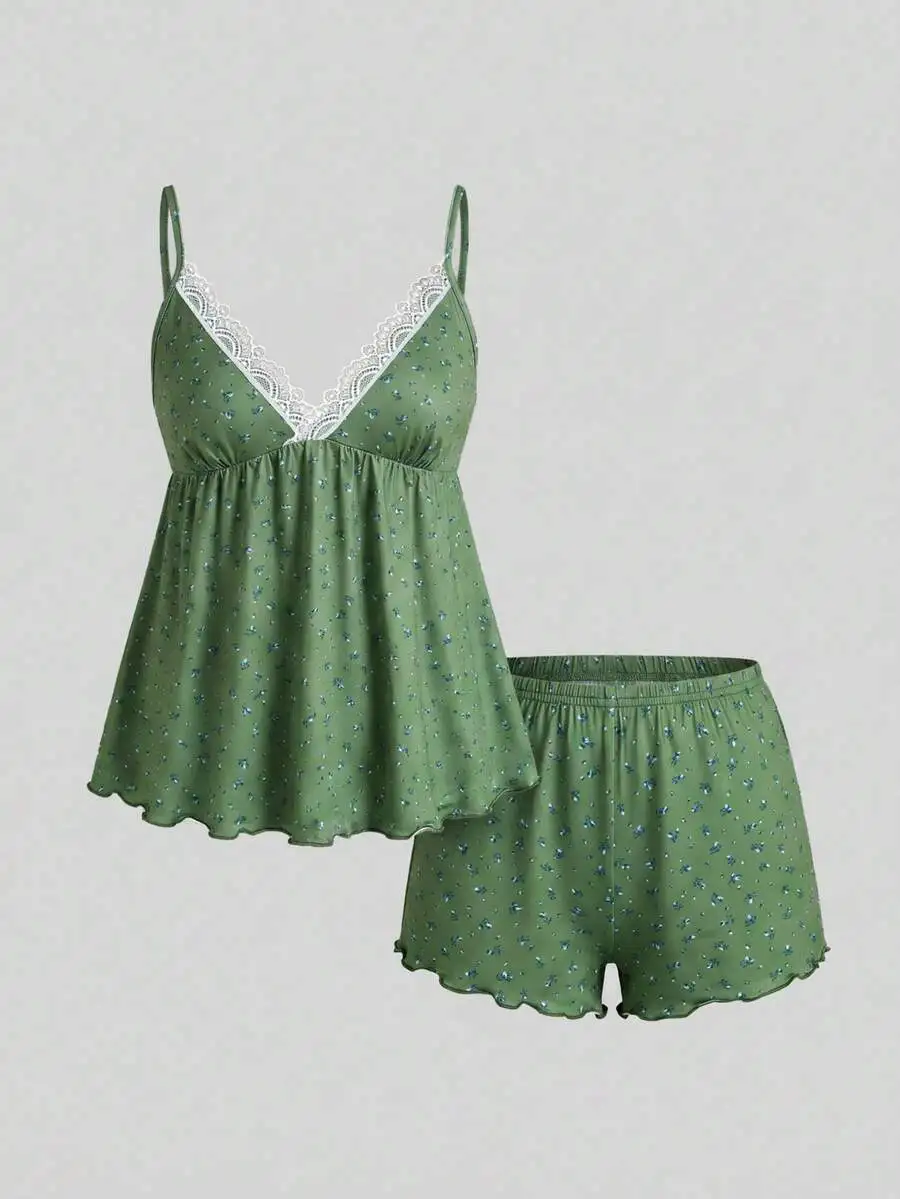 

2pcs Floral Lace Trim Camisole And Shorts Pajama Set For Women Summer