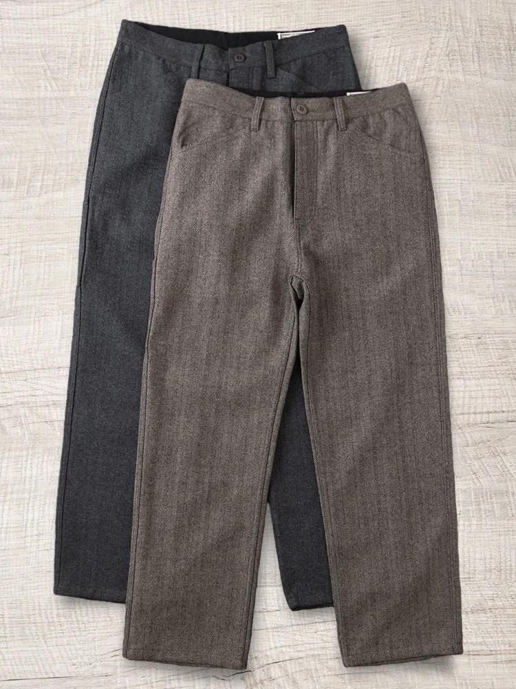 American Retro Woolen Tweed Thick Casual Men's Pants Straight Leg Autumn Winter Leisure Trousers for Men Casual Straight Leg ...