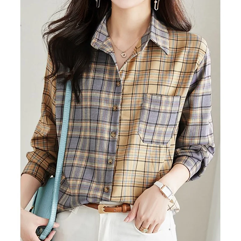 Plaid Printing Blouse Female Spring and Autumn 2023 New Turn-down Collar Patchwork Pockets Long Sleeve Single Breasted Shirt