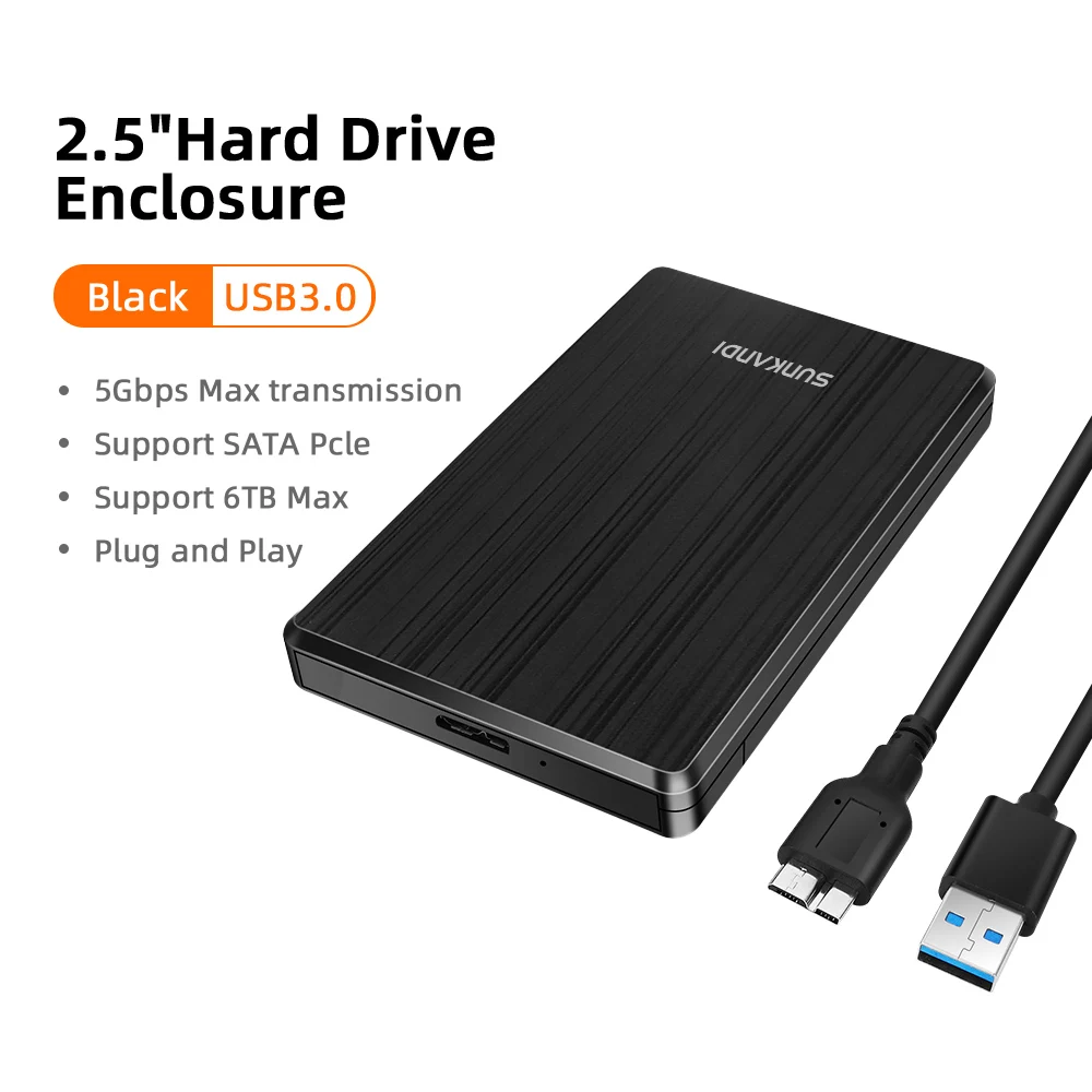SUNKANDI 2,5 inch harde schijfbehuizing, 5Gbps USB 3.0 naar SATA III 5Gbps hogesnelheidstransmissie voor 7-9,5MM HDD SSD-behuizing
