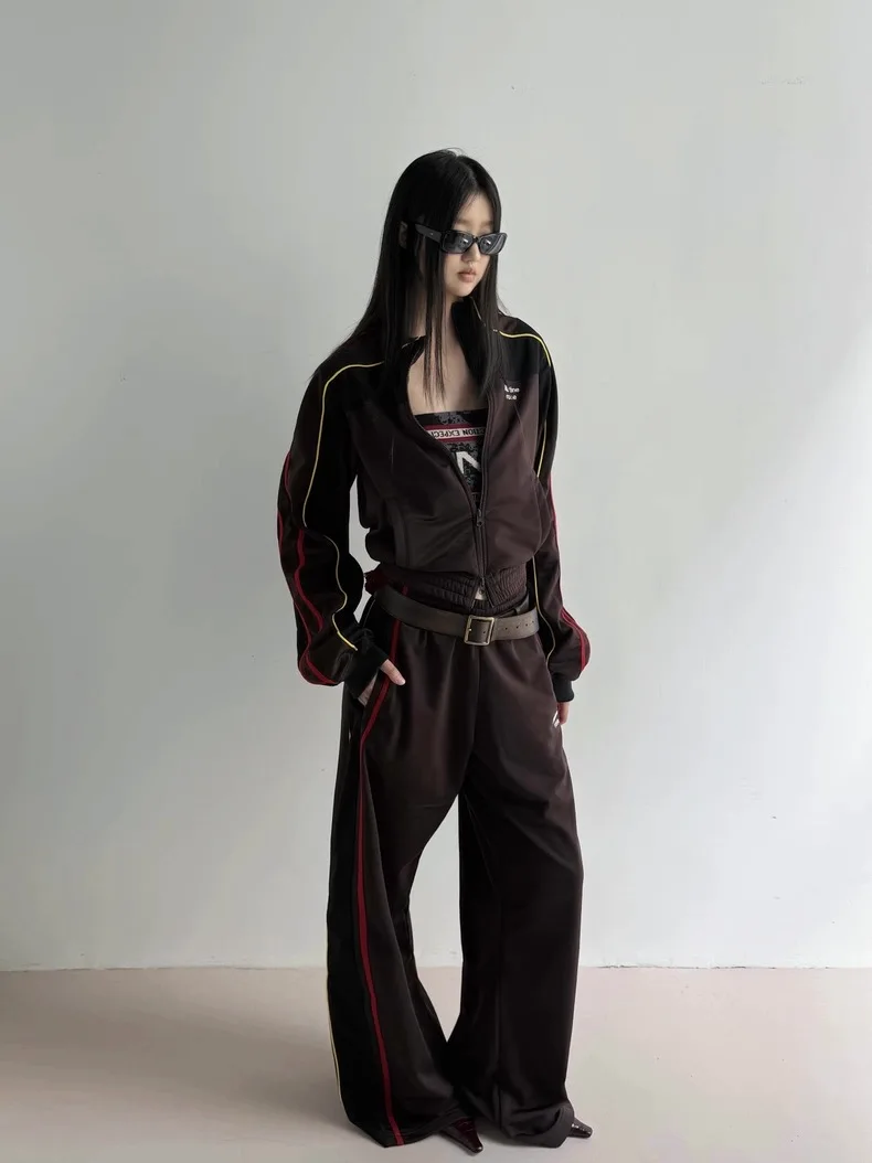 

e Rose Brown Red Contrast Color Retro Sport School orm Pants Set Zipper Jaet Slim Fit Casual Youth Wear