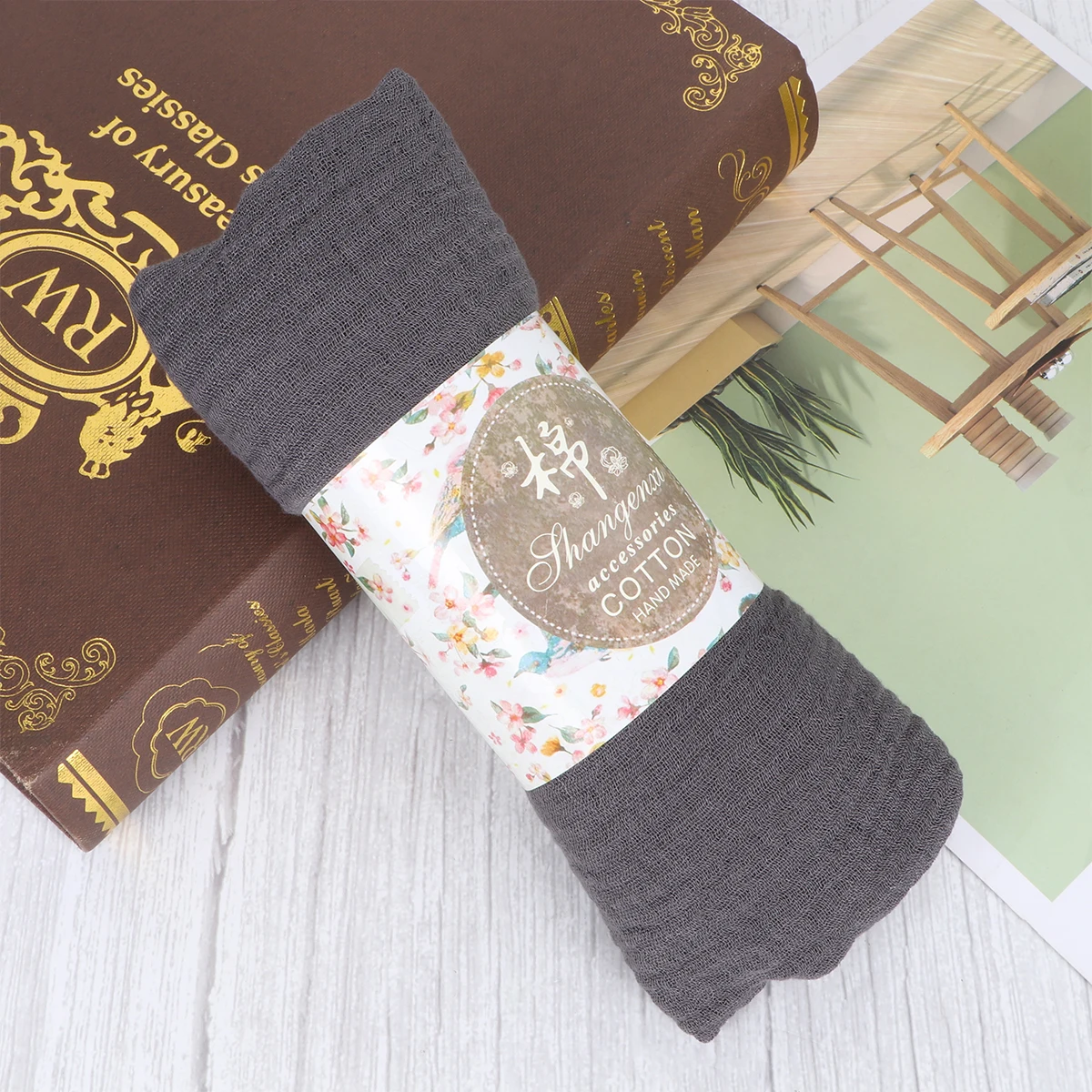 

Scarves Cotton and Linen Scarf Single Color Crumpled Style Japanese Simple Dark Grey