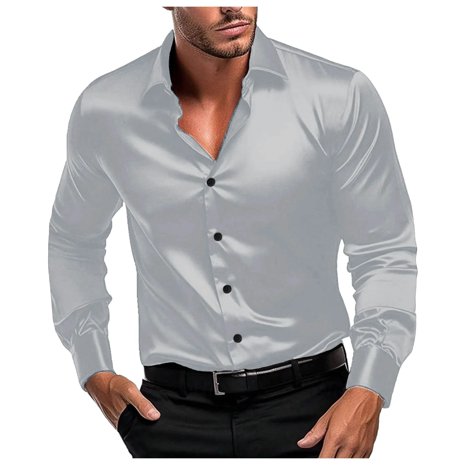 Mens Stretch Wrinkle Resistant Dress Shirt Formal Wedding Prom Long Sleeve Slim Button Down Shirt Button Long Sleeve Shirts