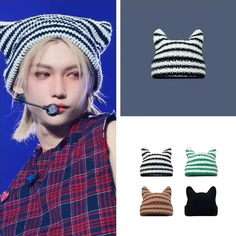 

New Y2K Autumn/Winter Japanese Street Wear Harajuku Bean Little Devil Striped Knitted Women's Hat Autumn/Winter Cute Cat Ear Hat