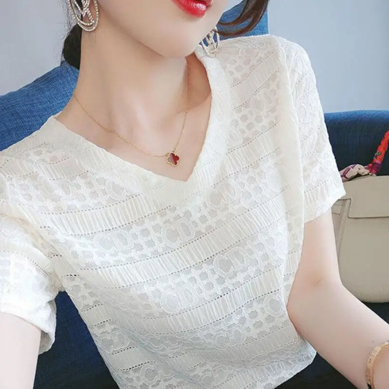 Elegant Lace Patchwork Solid Chiffon Shirts Summer 2023 Office Lady V-Neck Short Sleeve Loose Pullovers Blouse Women\'s Clothing