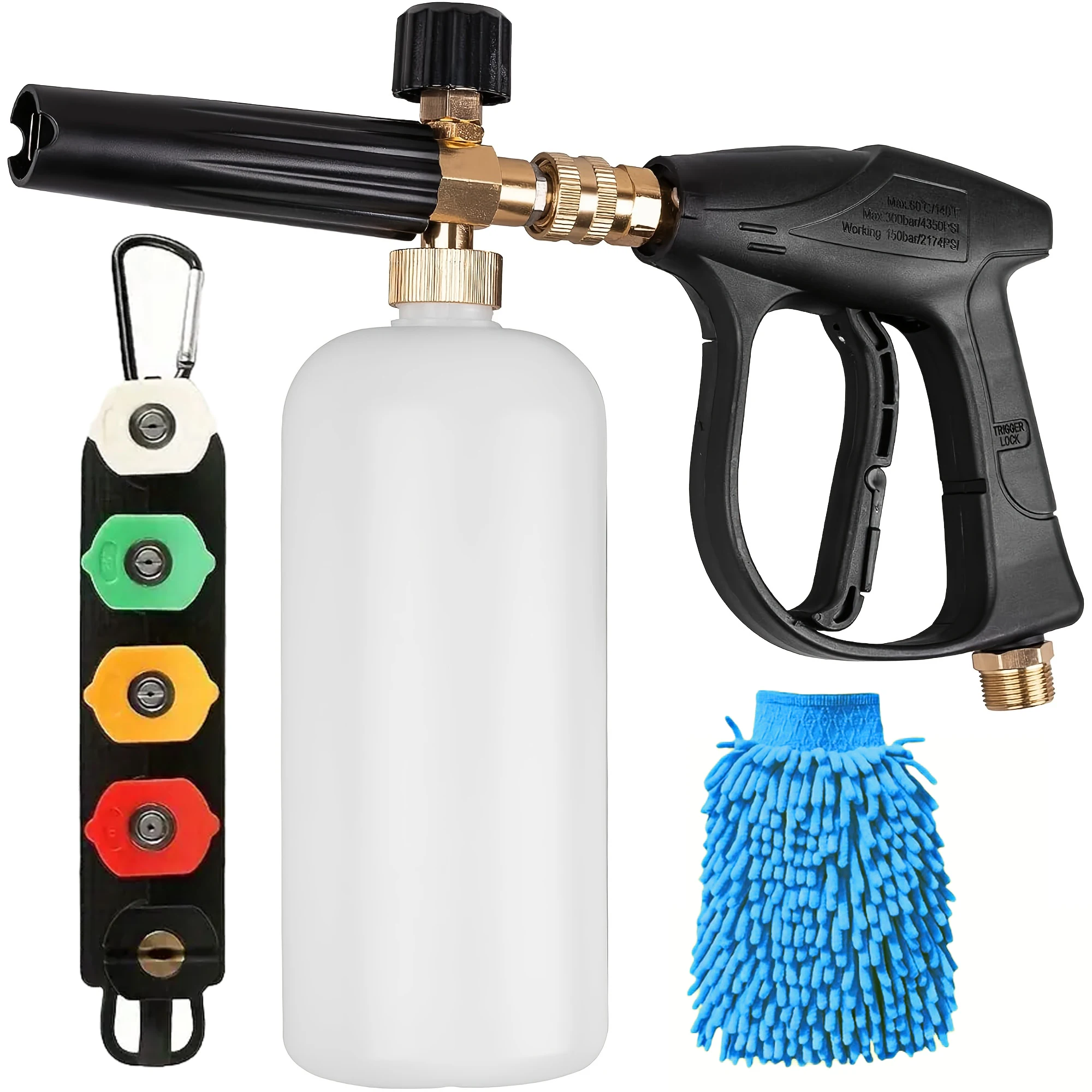 Kurze Hochdruckreinigerpistole mit Schaumkanone, 1/4 Zoll Schnellanschluss und 5 Düsen, M22-14 mm Anschluss für professionelle Reinigung