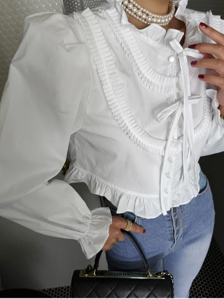 

Ele Autumn New Sle Heavy Embellied Long Sve Женская irt с узлом и складками-аккордеонами для поездок на работу...