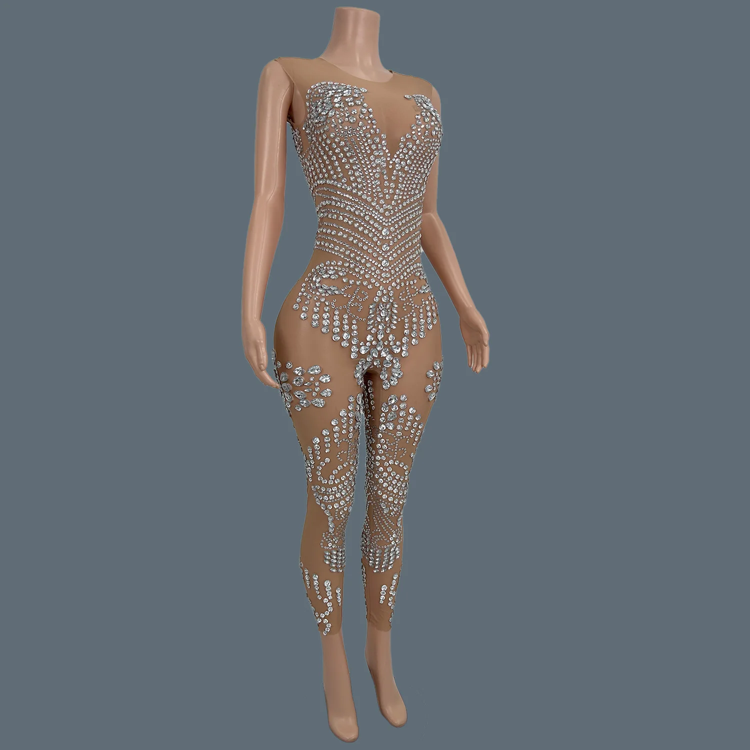 Sparkly Rhinestone Tight Fitting Jumpsuit Stunning Streamer Theme Party Sleeveless Mesh Sexy Women Event Outfit Shuijingku