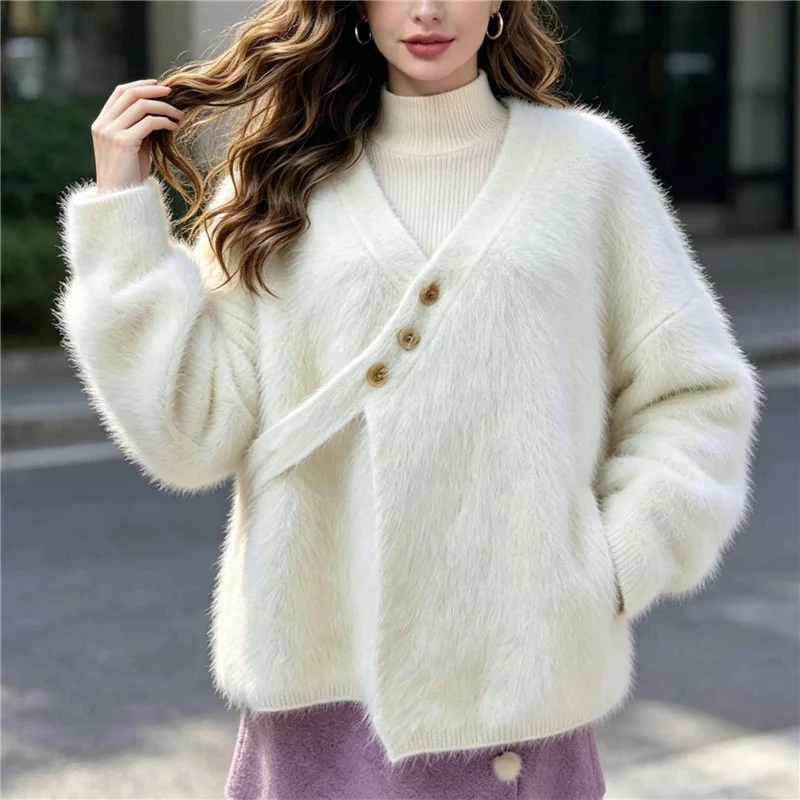 

Women Beige Fuzzy Mink Cashmere Knitted Cardigan Loose V-Neck Button Down Knit Sweater Coat Fluffy Angora Warm Outerwear Jacket