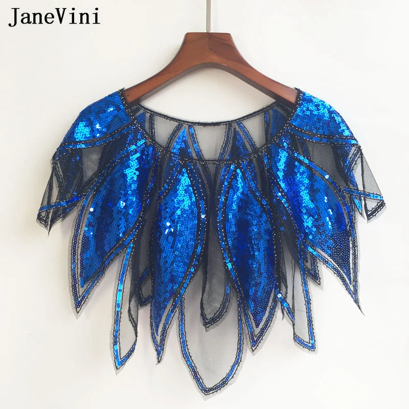 JaneVini Sparkly Royal Blue Wedding Bolero Jacket Gold Sequined Tulle Women Party Shawl Bridal Cape Wrap Veste Bolero De Mariage