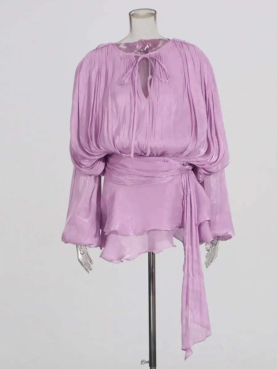 Minivestidos lisos de retazos con cordones para mujer, vestido de diseñador de cintura alta y manga larga con cuello redondo, estilo de moda femenina, malla transparente P4A