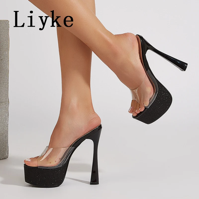 Liyke PVC Transparent Women Platform High Heels Modern Slippers Ladies Sandals Summer Fashion Party Dress Shoes Golden Silver