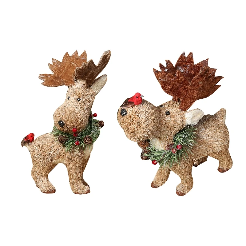 Christmas Artificial Straw Elk Ornament Handmade Raise Turn for Head Reindeer Forest Animal for Doll Standing Figurines