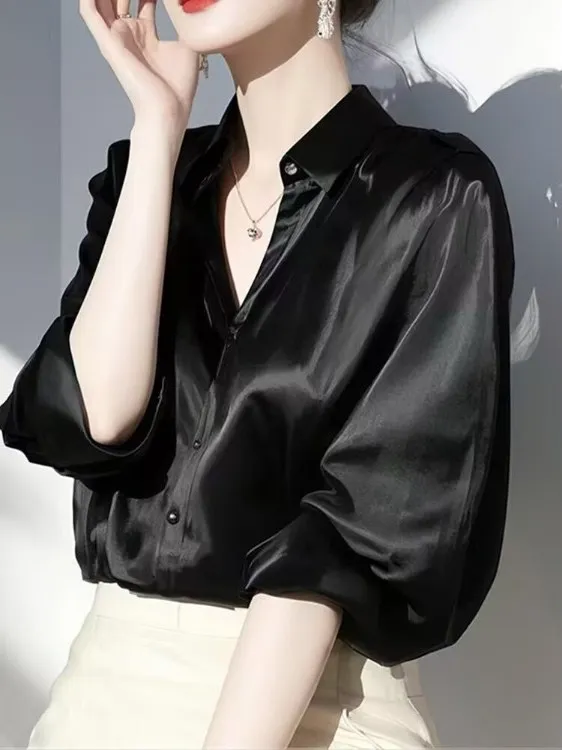 

Элегантная женская блузка из шелкового атласа Ele Bla: Весенняя мода, уникальный дизайн, роскошный вид, для офиса и повседневной носки, с воротником-стойкой.