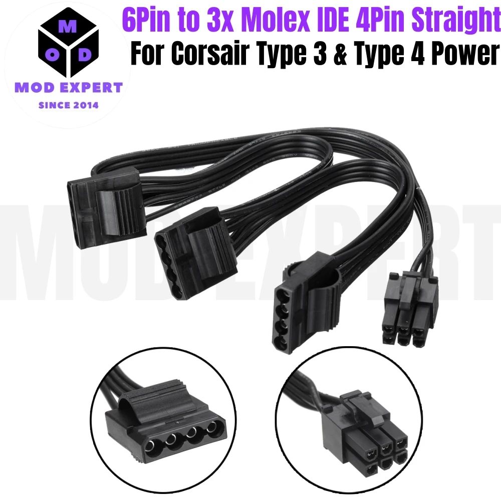 

6Pin to 3 Molex PATA Peripheral IDE 4Pin Power Cable for Corsair HX1050, HX850, HX750, HX650 HX TYPE 3 Modular Power, 50+15+15CM