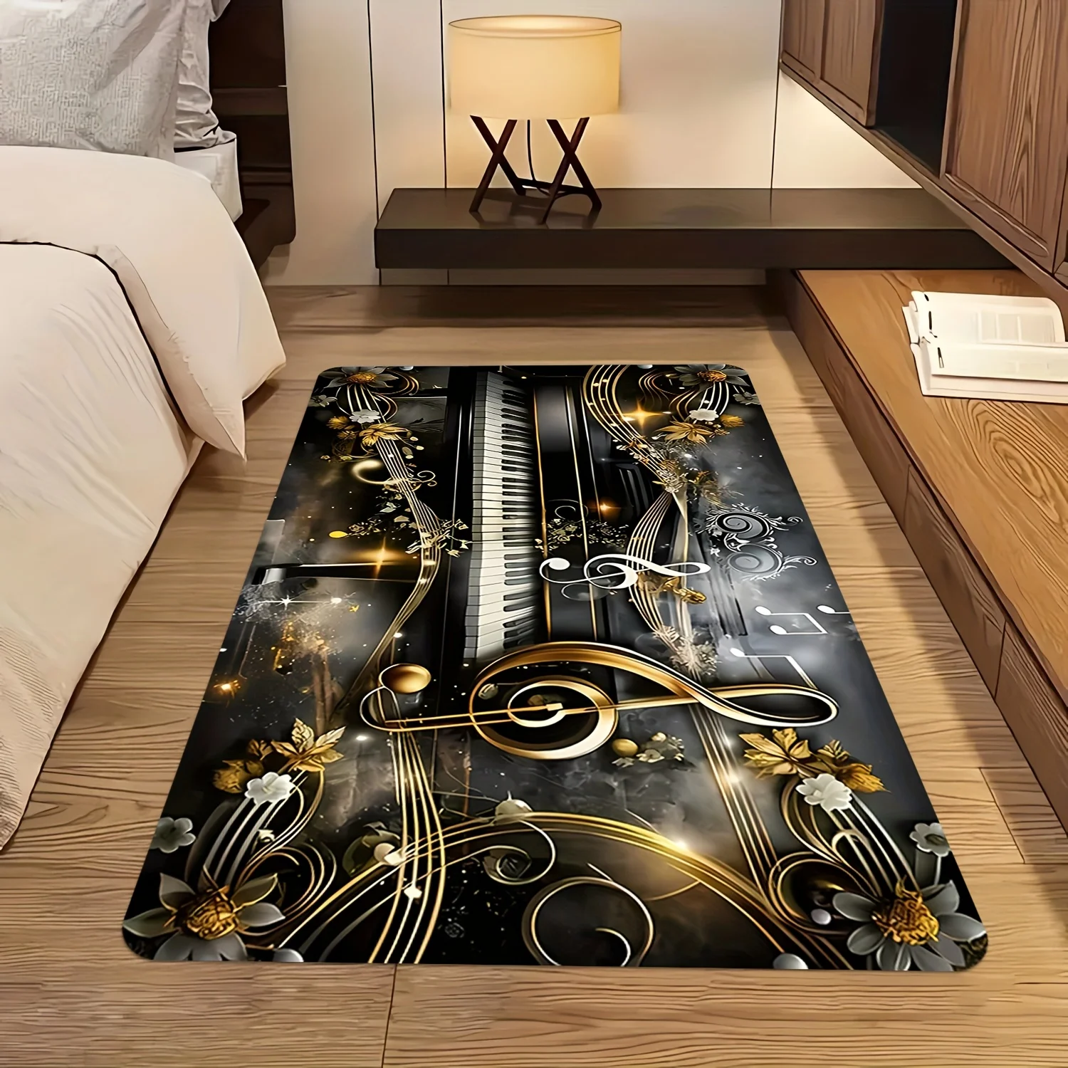 Luxurious Musical Piano Design Rug Runner Polyester Area Mat for Living Room Hallway Decor Gold Notes Classical Style Carpet