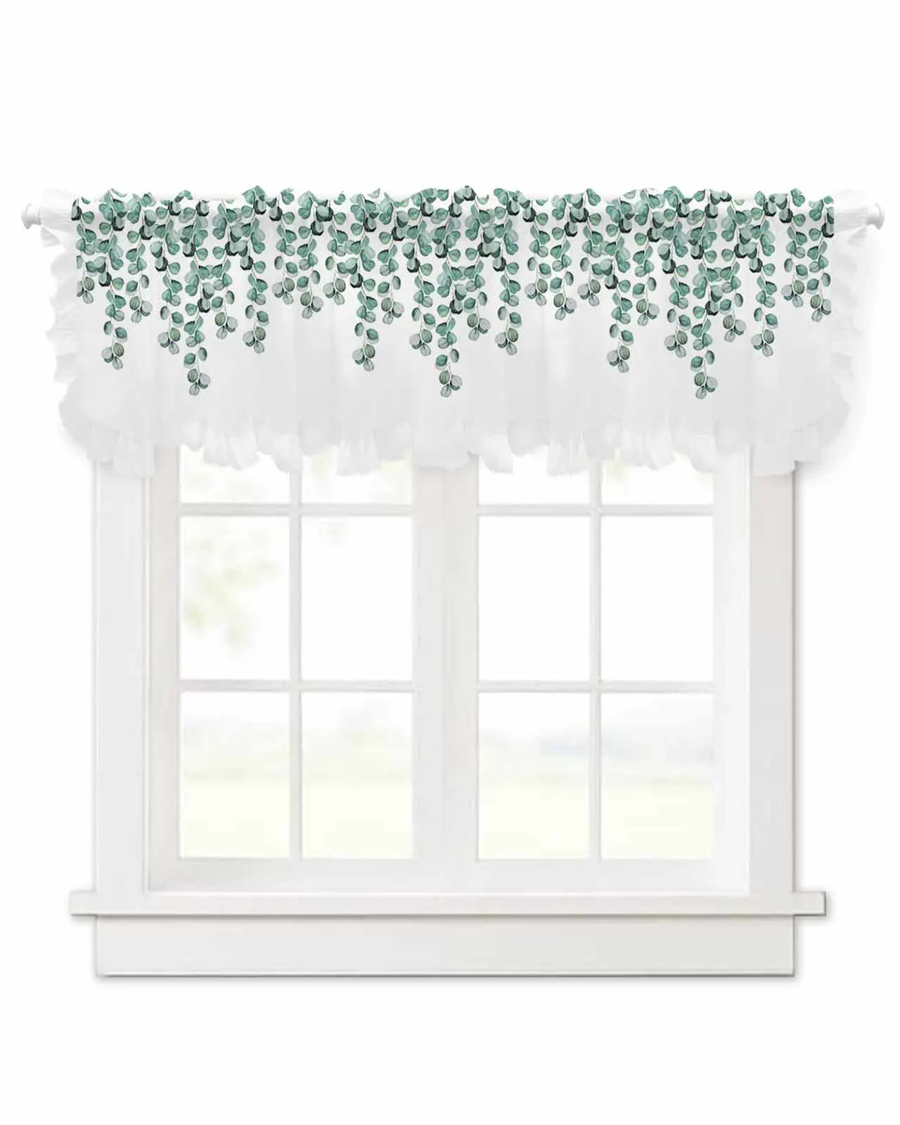 Eucalyptus Leaves Branches Texture Short Tulle Half Curtains for Living Room Kitchen Door Cafe Window Sheer Valance Drapes