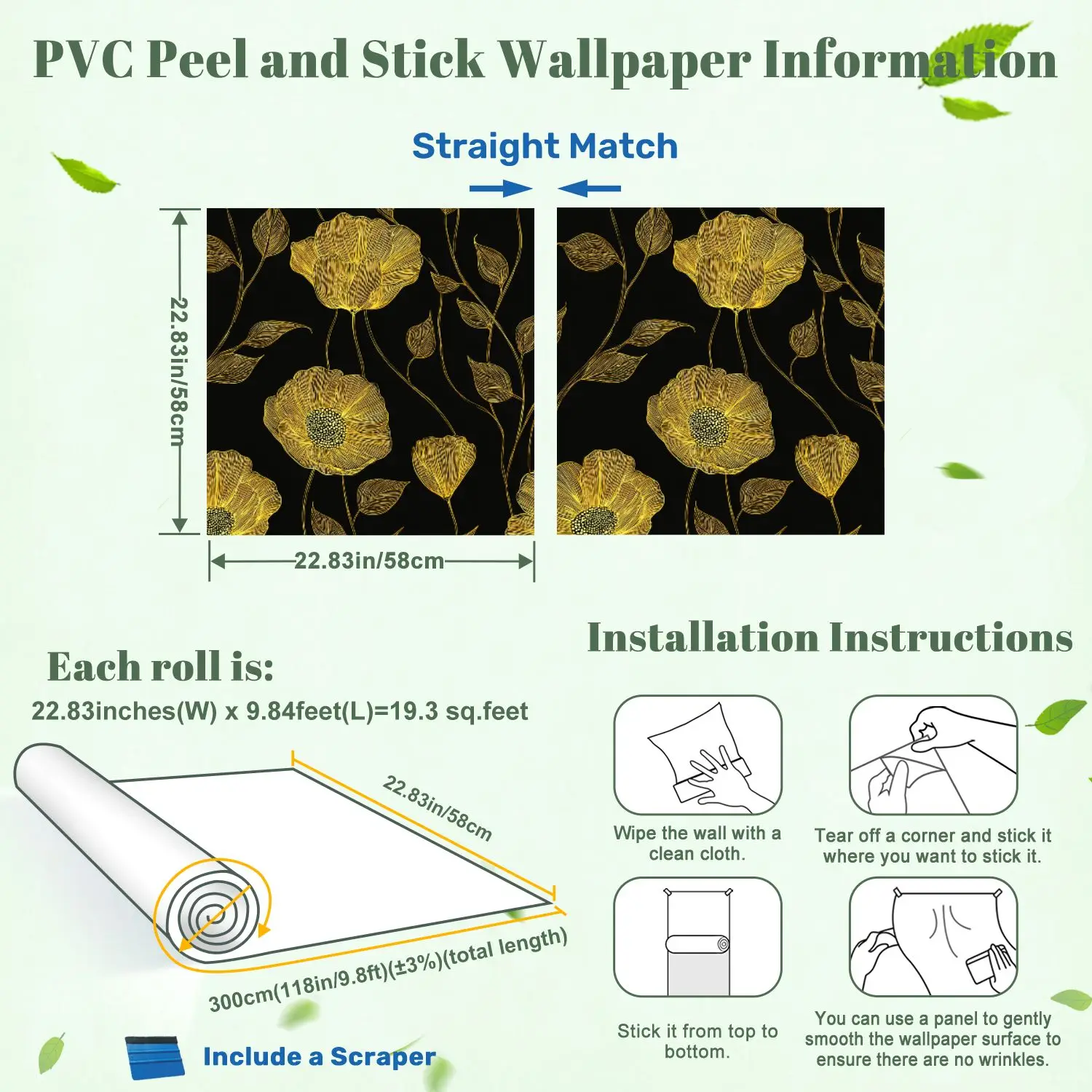Geel Bloemen Lijntekeningen Zwart Behang 22.83 "X 118" Waterdicht Behang voor Woonkamer/Slaapkamer/Badkamer PVC Muursticker